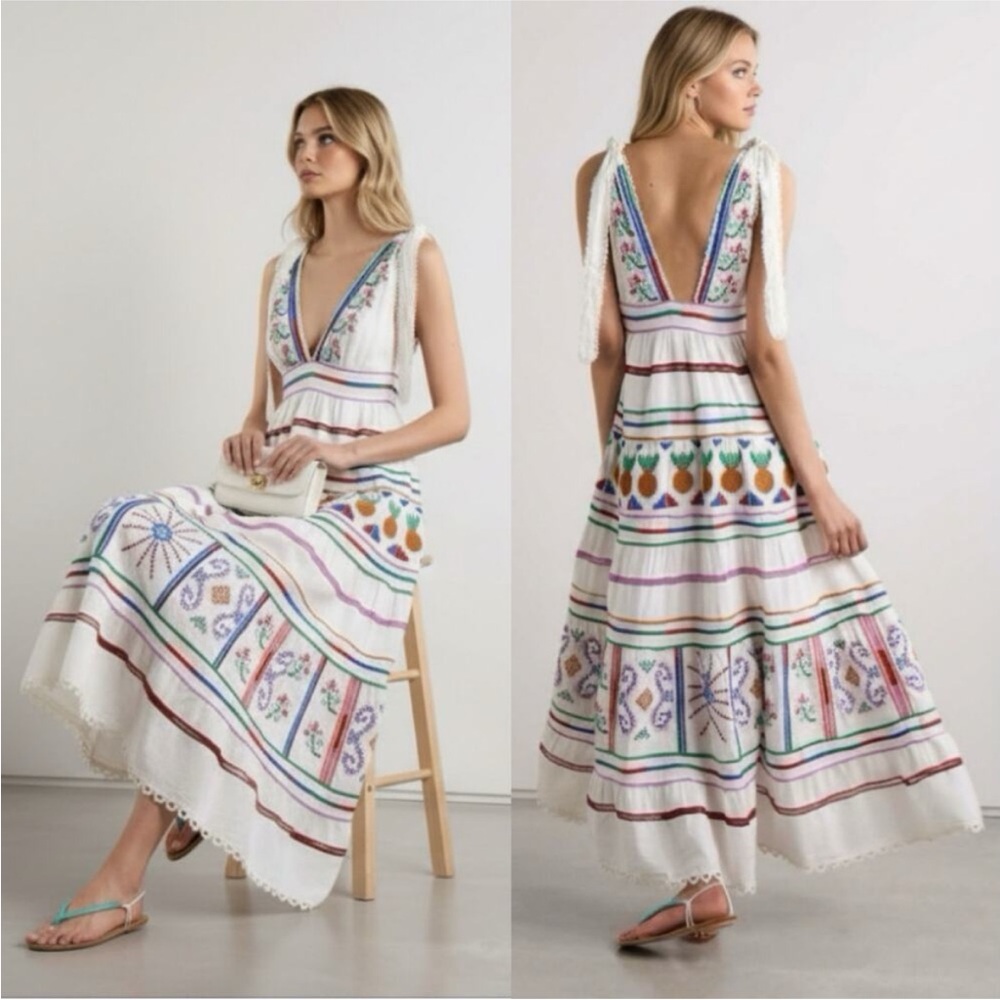 FARM Rio Embroidered Maxi Dress with Tie Straps